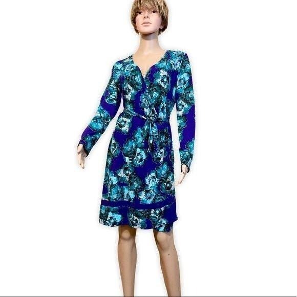 Simply Vera Vera Wang Dresses & Skirts - Floral Print Wrap Dress, Long Sleeve, Blue Teal Flowers Tie Waist, Casual Medium